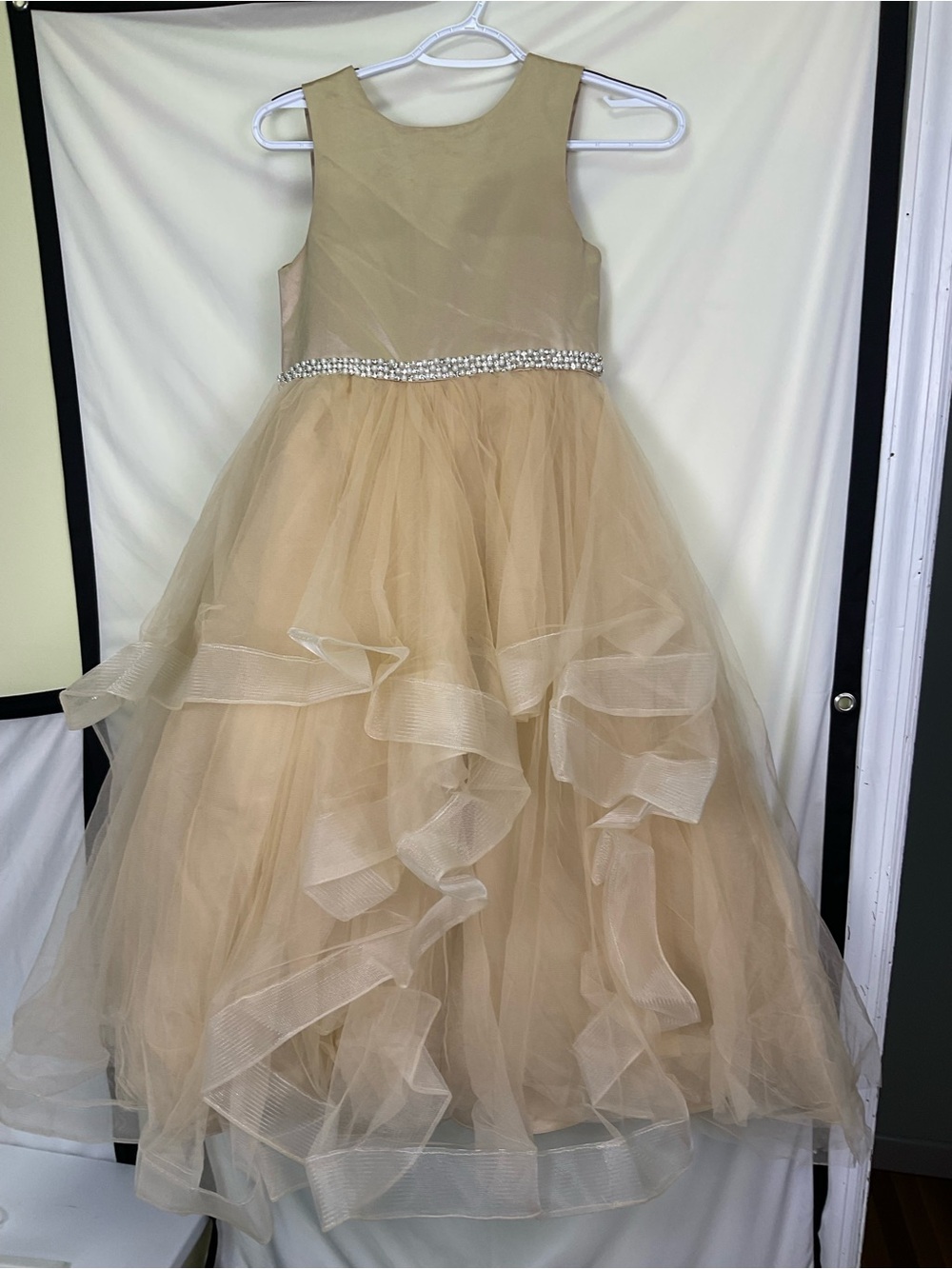 JJs House Champagne Tulle Ruffled Ball Gown with Rhinestone Waist